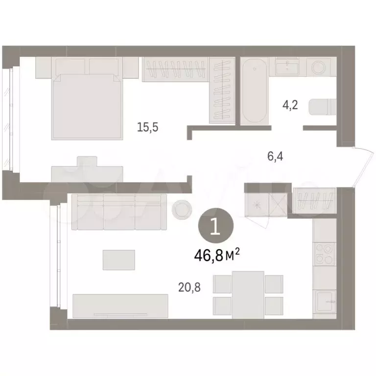 1-к. квартира, 46,8 м, 6/9 эт. - Фото 1