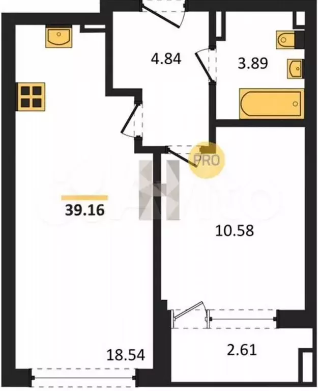 1-к. квартира, 39 м, 1/9 эт. - Фото 1