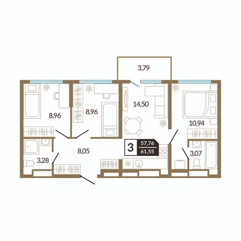 3-к кв. Тюменская область, Тюменский район, д. Дударева  (61.55 м) - Фото 0