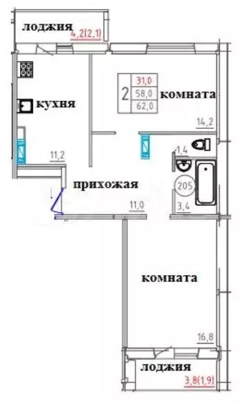 2-к. квартира, 62,1 м, 2/10 эт. - Фото 0