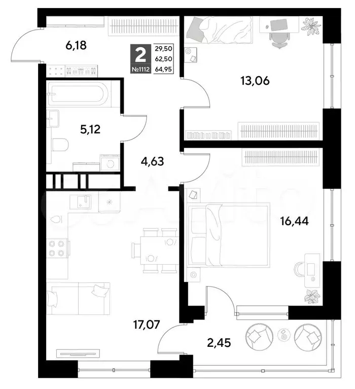 2-к. квартира, 65 м, 5/21 эт. - Фото 0