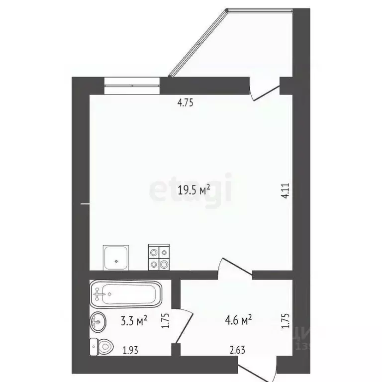 Студия Тюменская область, Тюмень ул. Беляева, 33к2 (27.5 м) - Фото 1