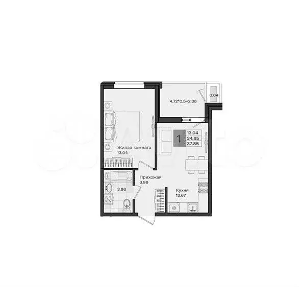 1-к. квартира, 37,9 м, 7/8 эт. - Фото 1