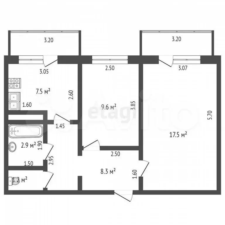 2-к. квартира, 47 м, 2/3 эт. - Фото 1