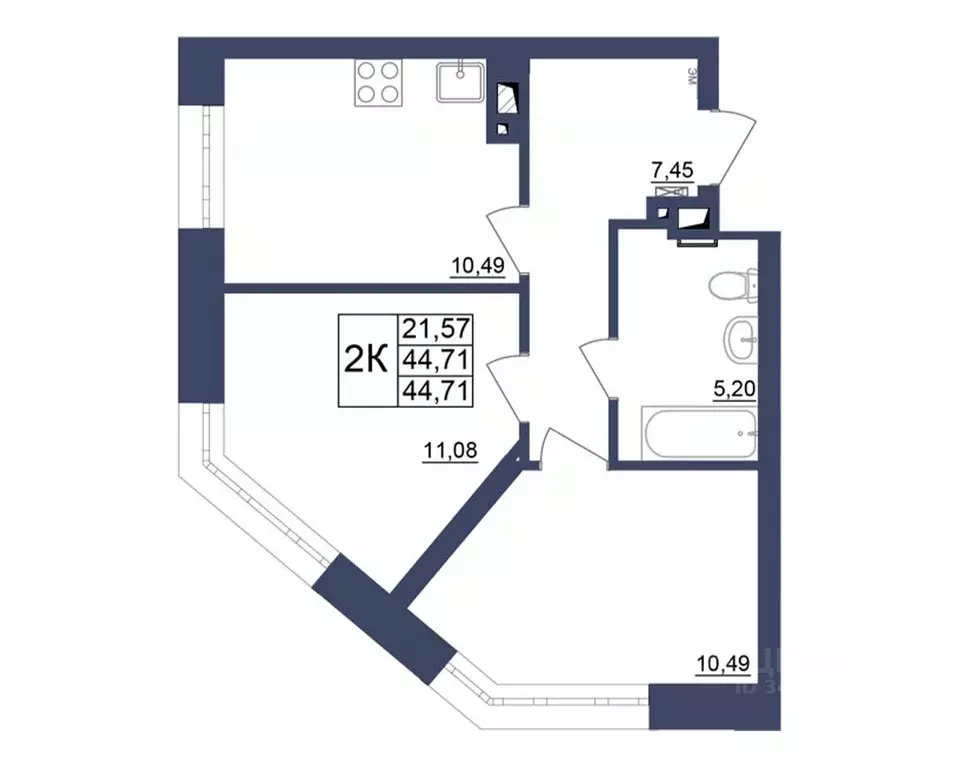 2-к кв. Башкортостан, Уфа Космос жилой комплекс, лит1 (44.91 м) - Фото 1