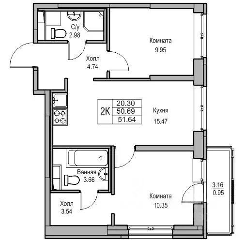 2-к кв. Санкт-Петербург ул. Ивинская, 5к2 (51.64 м) - Фото 1