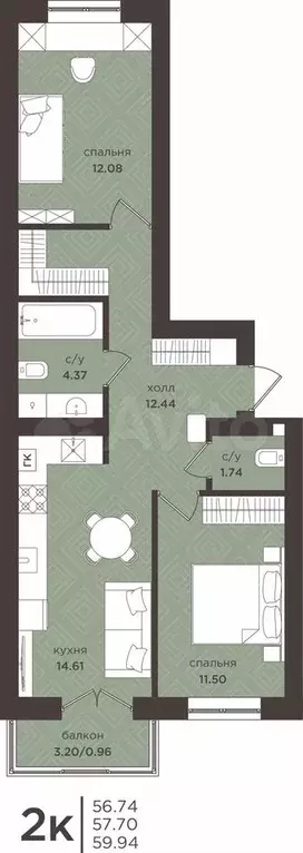 2-к. квартира, 58 м, 6/7 эт. - Фото 1