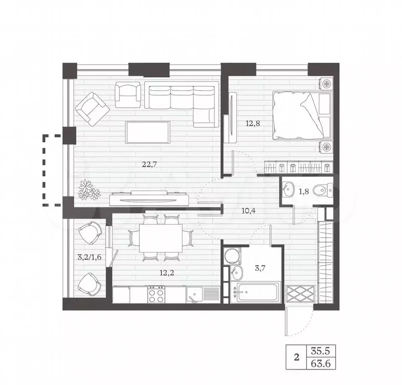 2-к. квартира, 63,6 м, 3/8 эт. - Фото 0