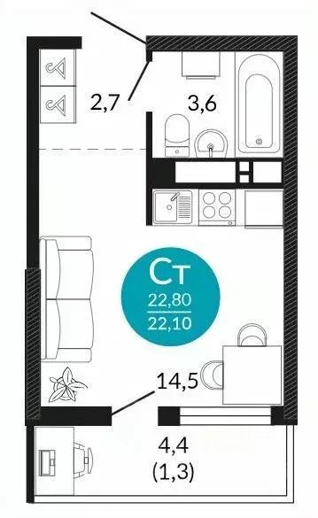 Студия Краснодарский край, Новороссийск ул. Куникова, 47 (24.0 м) - Фото 1