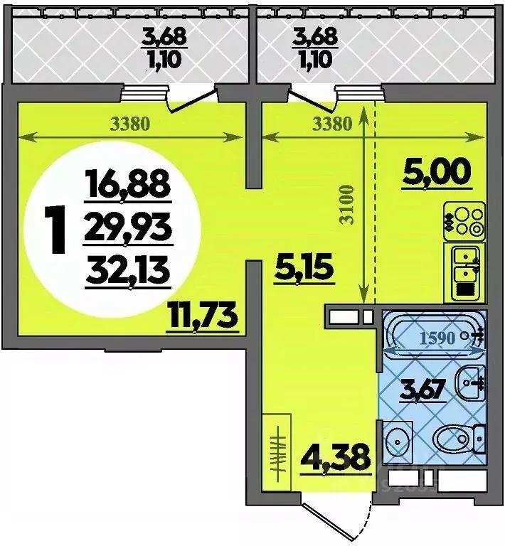Студия Адыгея, Майкоп  (32.13 м) - Фото 1