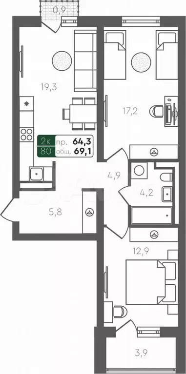 2-к. квартира, 69,1 м, 4/4 эт. - Фото 0
