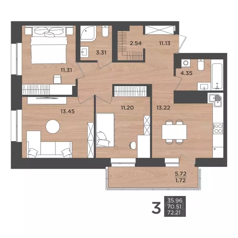 3-к кв. Пермский край, Пермь ул. Космонавта Леонова, 41к3 (72.23 м) - Фото 1