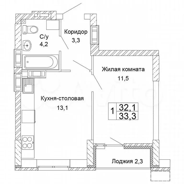 1-к. квартира, 33,3 м, 6/17 эт. - Фото 0