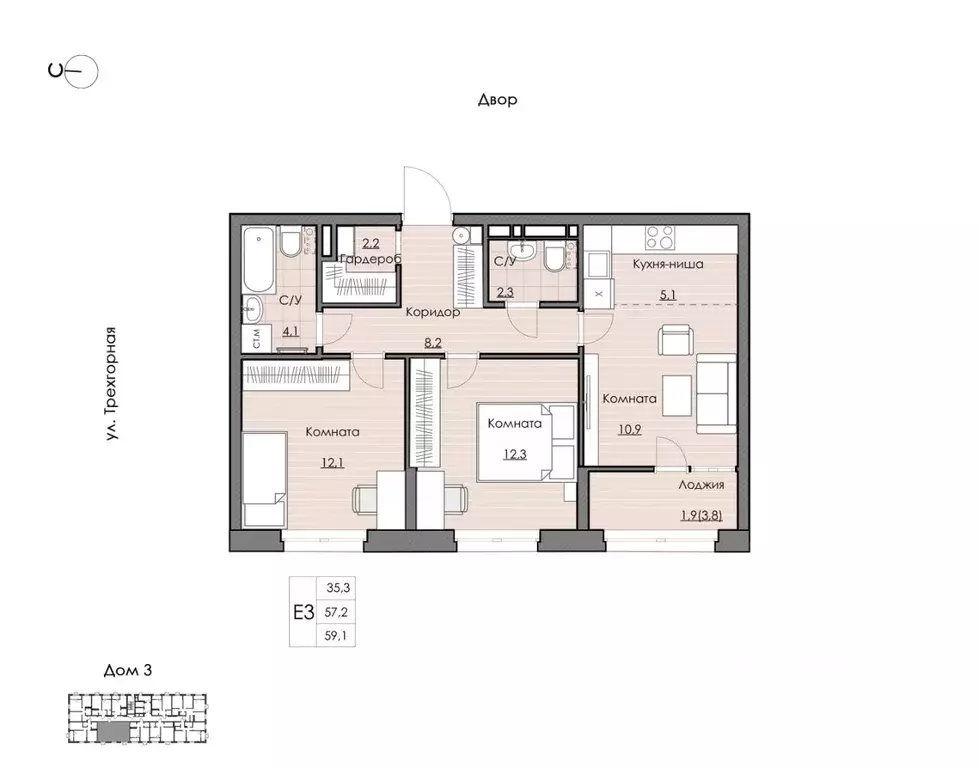2-к кв. Хабаровский край, Хабаровск Воронежская ул., 161А (59.1 м) - Фото 1