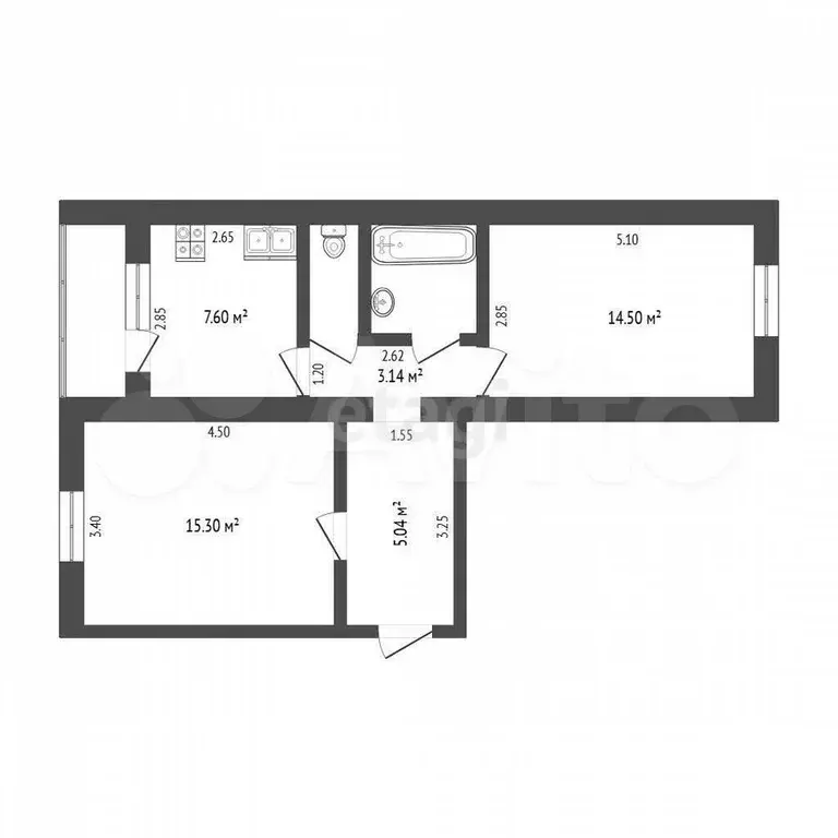 2-к. квартира, 49,5 м, 5/5 эт. - Фото 0