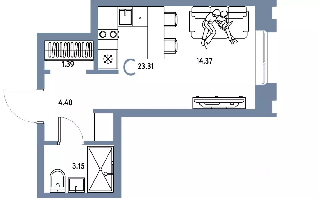 Студия Тюменская область, Тюмень Береговая ул., 100к2 (23.31 м) - Фото 1