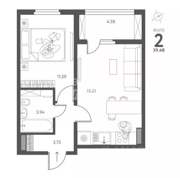 1-к кв. Липецкая область, Липецк ул. Перова (39.48 м) - Фото 2