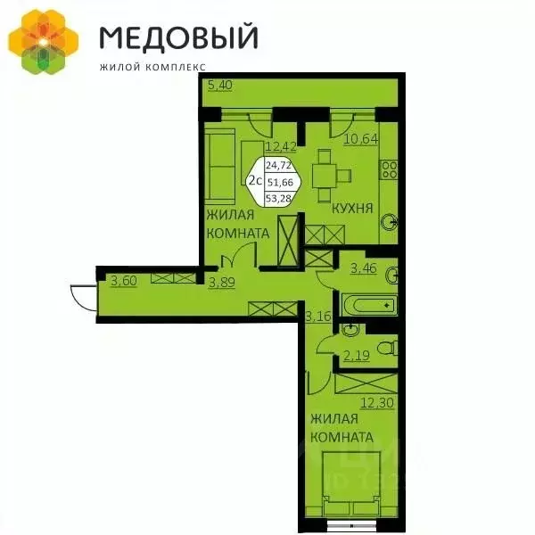 2-к кв. Пермский край, д. Кондратово ул. Г.Н. Нифантова, 4А (51.7 м) - Фото 0