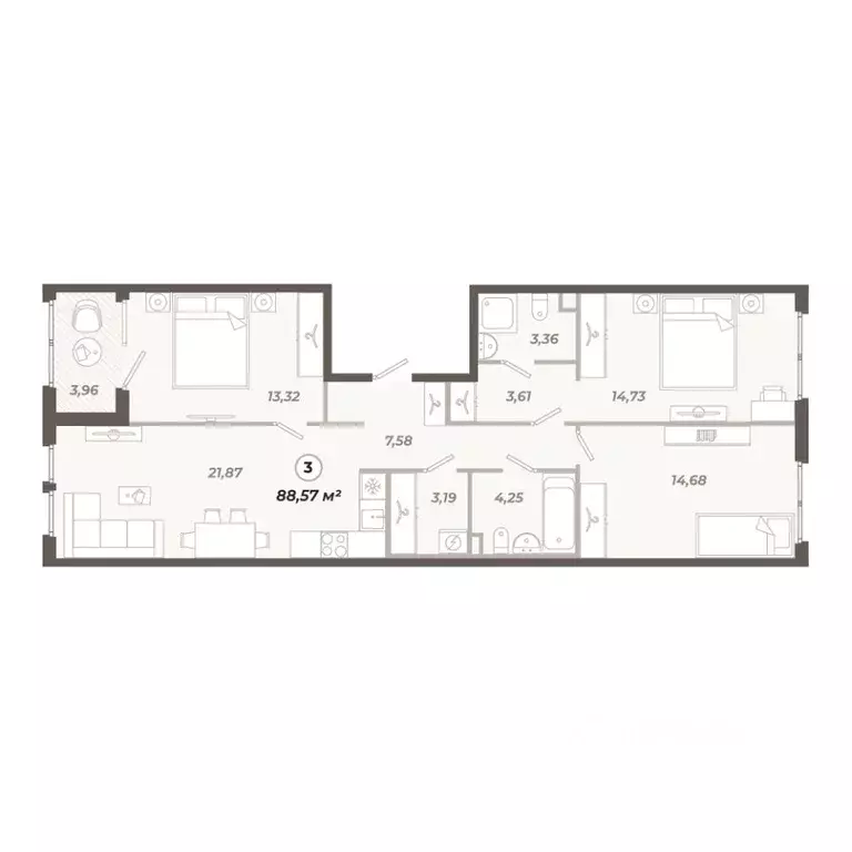 3-к кв. Санкт-Петербург ул. Коли Томчака, 21Д (88.57 м) - Фото 0