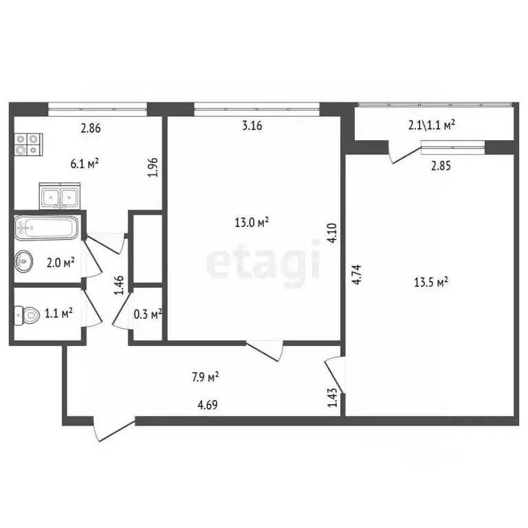 2-к кв. Санкт-Петербург ул. Черкасова, 6К3 (43.9 м) - Фото 1
