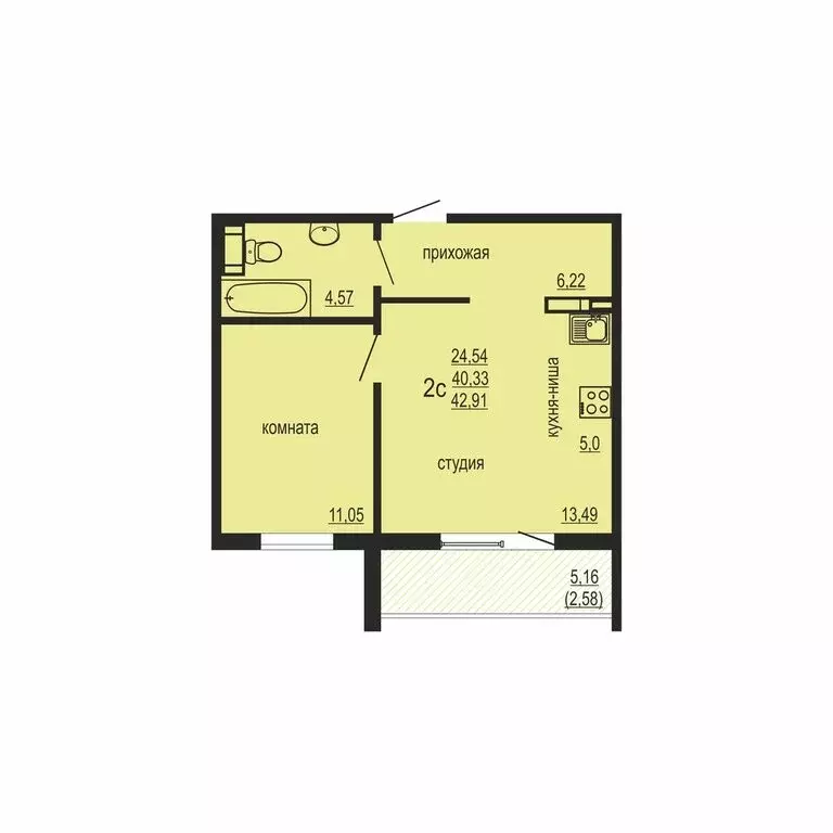 1-комнатная квартира: посёлок Западный, улица Дружбы, 6 (42.91 м) - Фото 1