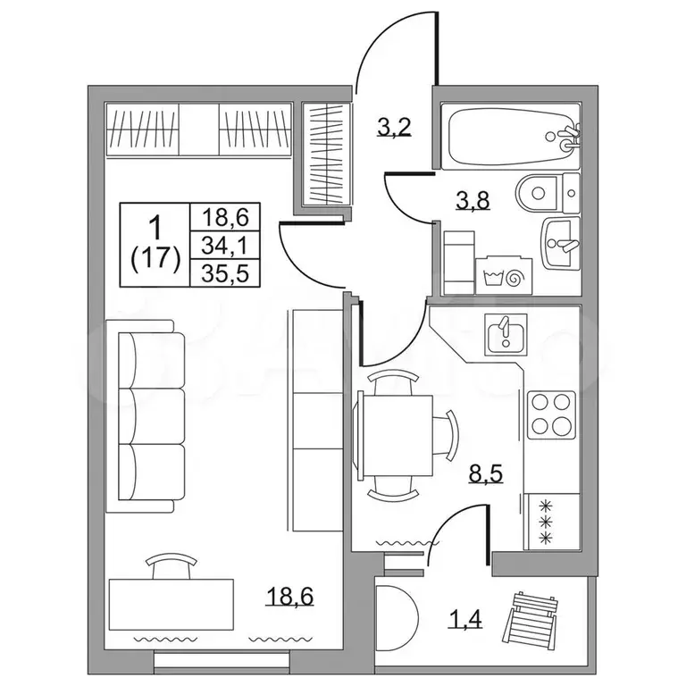 1-к. квартира, 35,5 м, 6/8 эт. - Фото 1