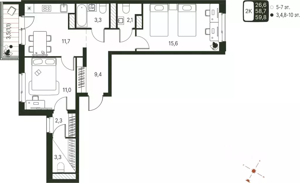 2-к кв. Пермский край, Пермь ул. Серебристая, 1 (59.8 м) - Фото 1