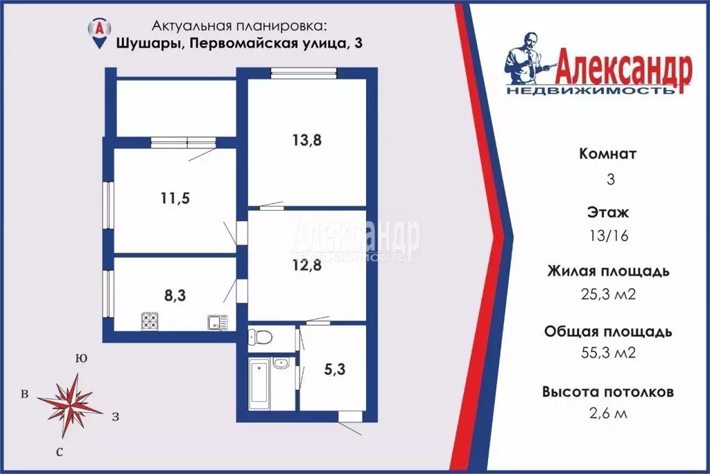 3-к кв. Санкт-Петербург пос. Шушары, Первомайская ул., 3 (55.3 м) - Фото 1