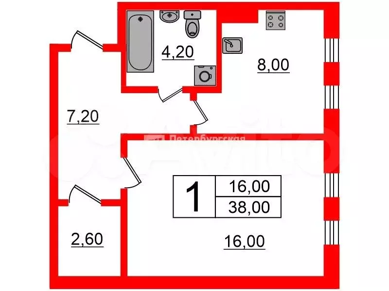 1-к. квартира, 38 м, 1/5 эт. - Фото 0