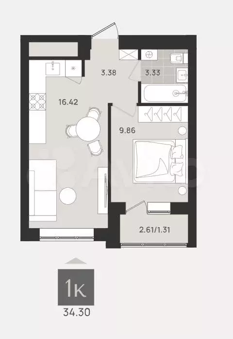 1-к. квартира, 35,1 м, 8/9 эт. - Фото 1