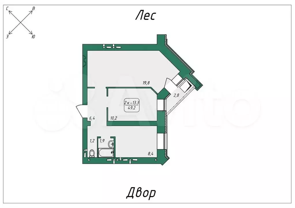 2-к. квартира, 48,8 м, 2/9 эт. - Фото 0