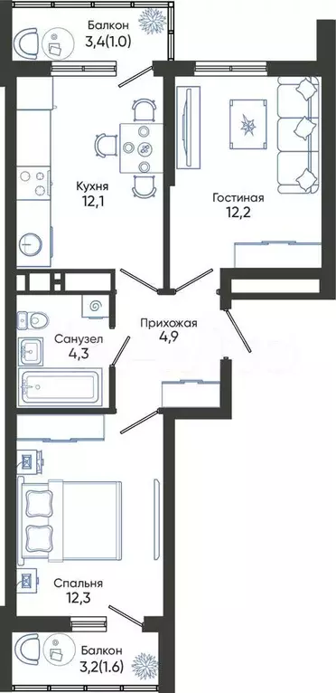 2-к. квартира, 48,4 м, 3/24 эт. - Фото 0