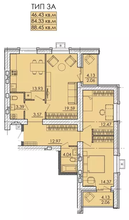 Квартира, 3 комнаты, 88.45 м - Фото 0