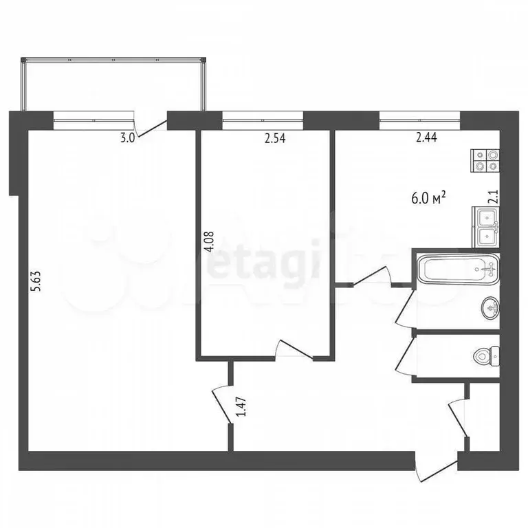 2-к. квартира, 44,4 м, 6/9 эт. - Фото 0