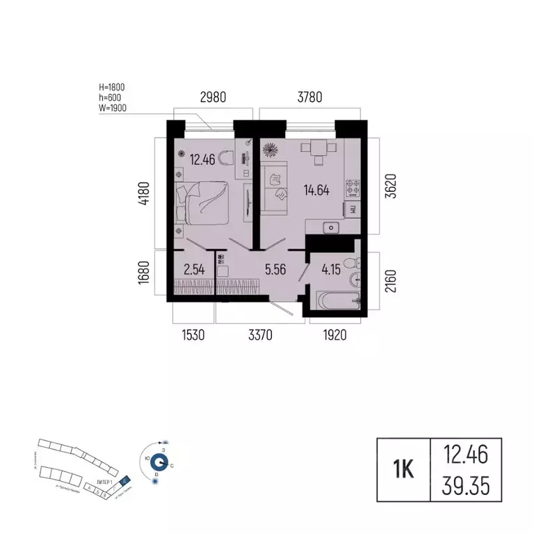 1-к кв. Башкортостан, Уфа Глумилино-1 мкр, Новатор жилой комплекс ... - Фото 1