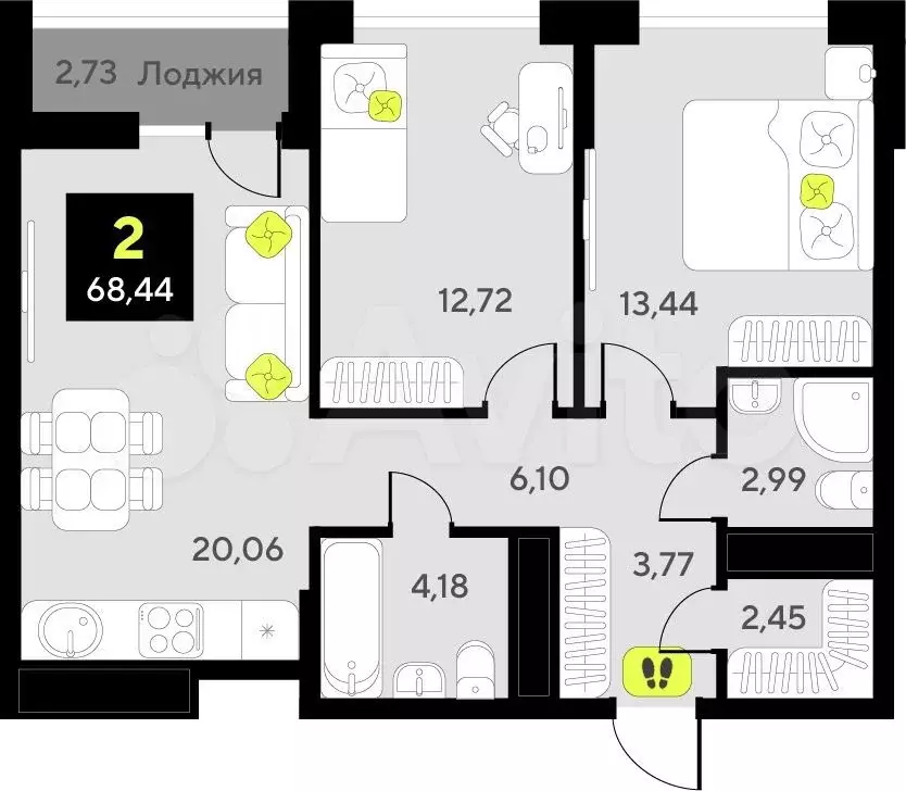 2-к. квартира, 68,4 м, 2/19 эт. - Фото 1