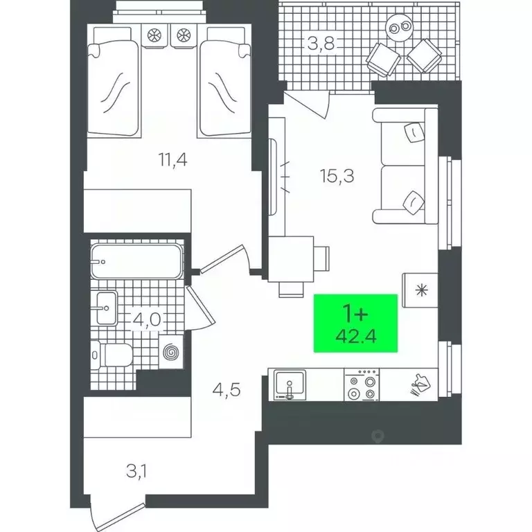 1-к кв. Тюменская область, Тюмень ул. Василия Малкова, 19 (42.42 м) - Фото 0