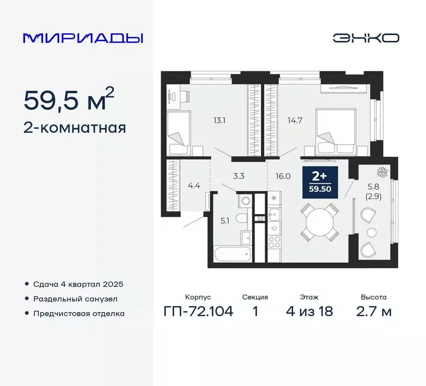 2-к кв. Тюменская область, Тюмень Мириады жилой комплекс (59.5 м) - Фото 0