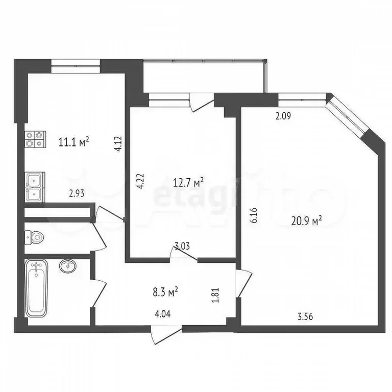 2-к. квартира, 59 м, 5/9 эт. - Фото 0