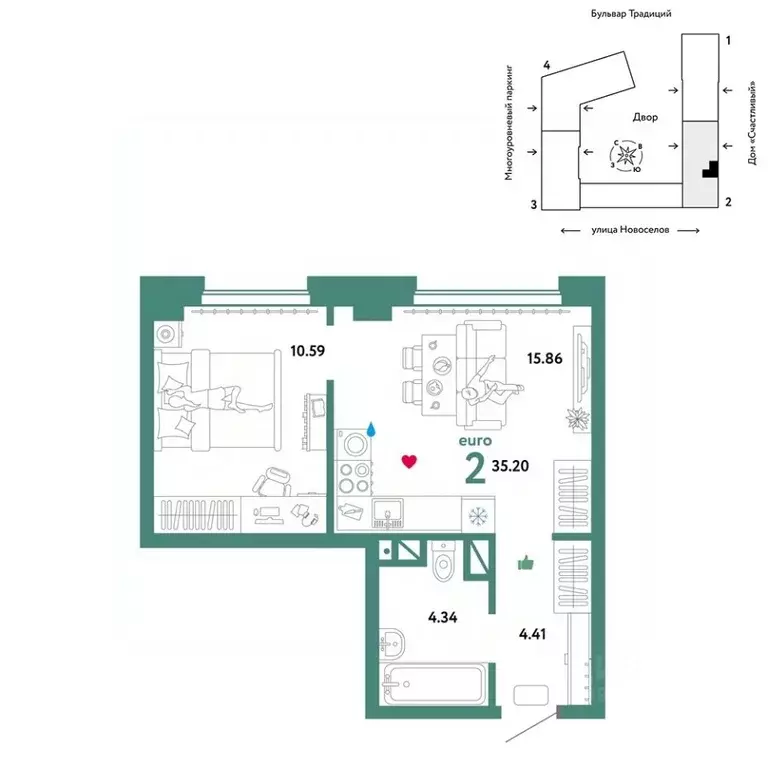 2-к кв. Тюменская область, Тюмень ул. Новоселов, 92 (35.2 м) - Фото 0