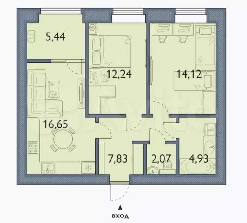 2-к. квартира, 63,3 м, 8/8 эт. - Фото 1