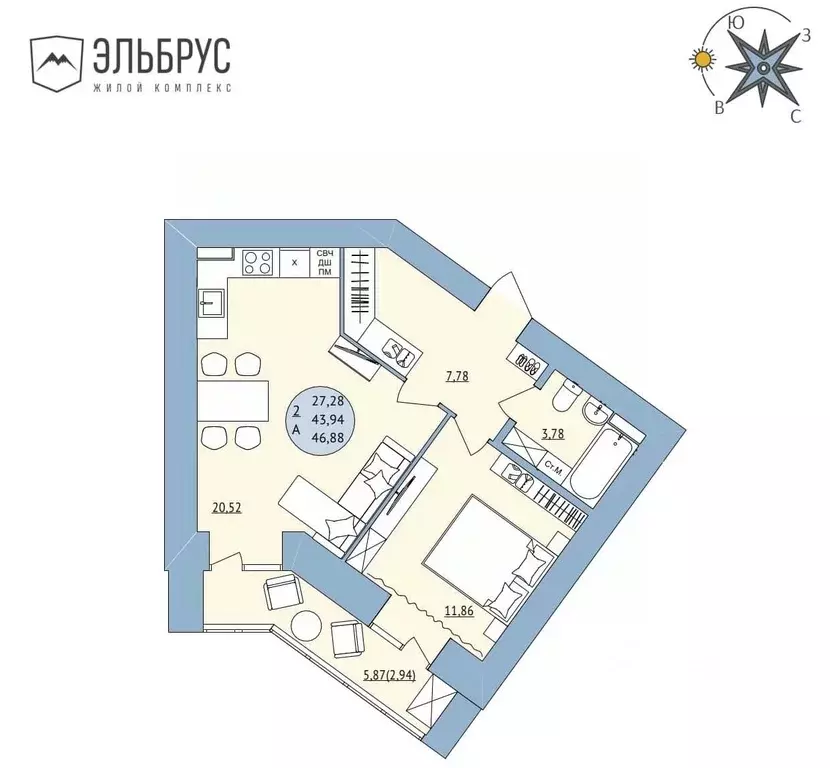 2-к кв. Башкортостан, Уфа Кавказская ул., 24 (46.88 м) - Фото 0