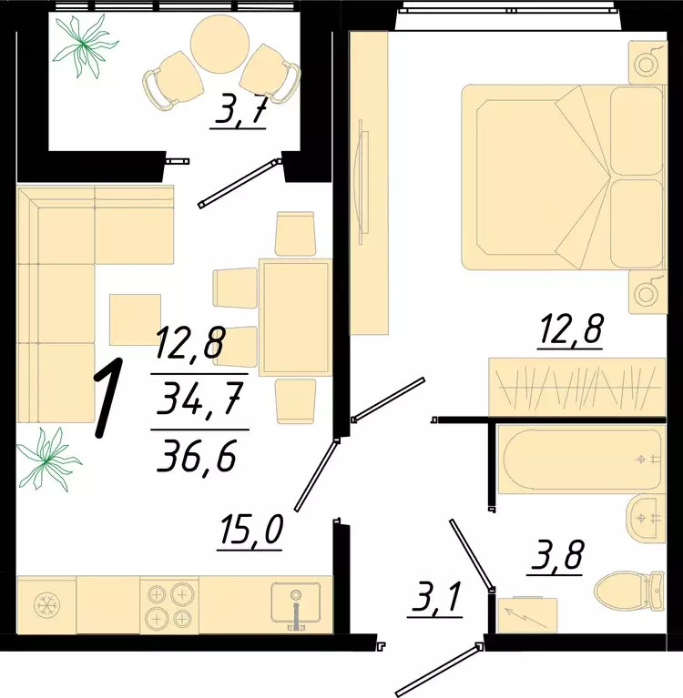 1-к квартира, 36.6 м - Фото 0