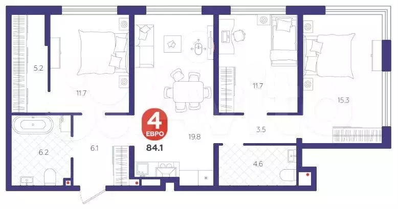 3-к. квартира, 84,1 м, 1/15 эт. - Фото 1