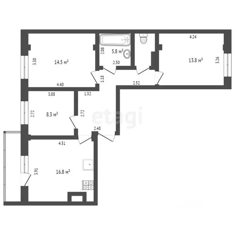 3-к кв. Тюменская область, Тюмень ул. Константина Посьета, 8 (69.2 м) - Фото 1