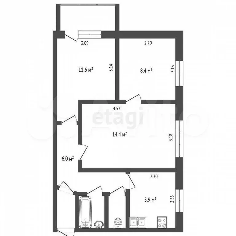 3-к. квартира, 50,2 м, 8/9 эт. - Фото 0