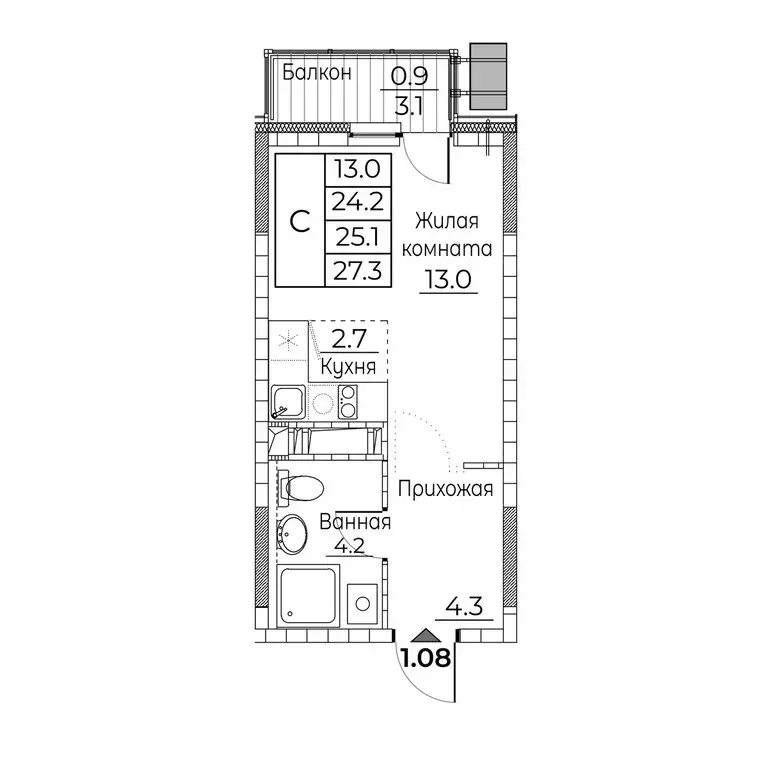 Квартира-студия: Владивосток, улица Расула Гамзатова, 7к2 (27.3 м) - Фото 2