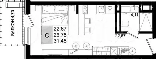 Апартаменты-студия, 31,5 м, 7/8 эт. - Фото 1