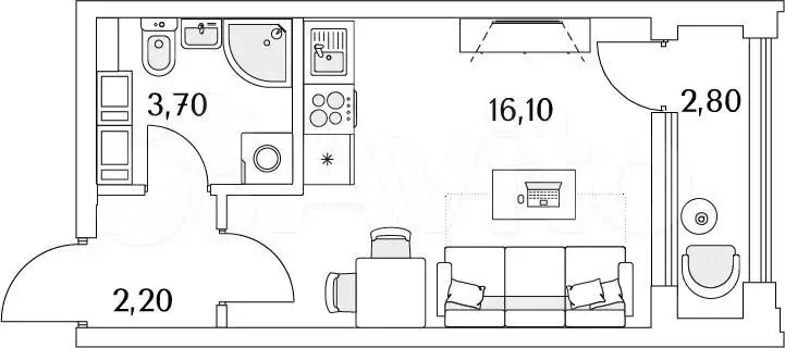 Квартира-студия, 23,4м, 12/13эт. - Фото 1