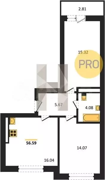 2-к. квартира, 56,6 м, 6/9 эт. - Фото 1